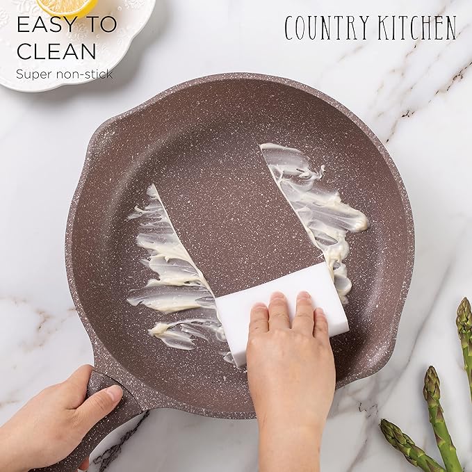 Country Kitchen Non-Stick Cast Aluminum Cookware Set - Durable Kitchen Cookware for Everyday Cooking, Chocolate Brown, 8 Pc.