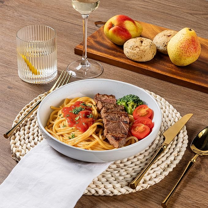 AmorArc Ceramic Dinnerware Sets with Pasta Bowls for 6, Handpainted Plates and Bowls Set with Rustic Terracotta Underside, Scratch Resistant Dishes Set, Dishwasher & Microwave Safe, 24 Pcs