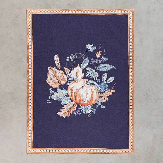 Maison d' Hermine Kitchen Towels Set of 3 100% Cotton 20" x 27.5" Reusable Cloth Tea Dish Towels Absorbent with Hanging Loop for Kitchen Dining Thanksgiving Christmas Decorations (Pumpkin Blues)