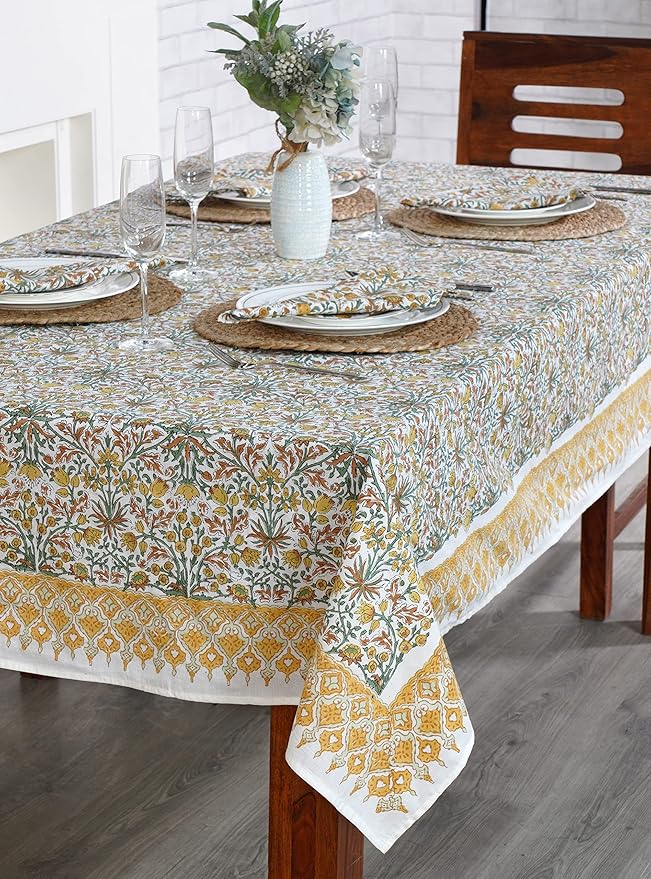 Ridhi - Hand Block Print Cotton Cloth Dinning Table Cover Wedding Farmhouse Thanks Giving Christmas Spring Tablecloth (Goldenrod Yellow, 14 Seater 72X160 INCH)