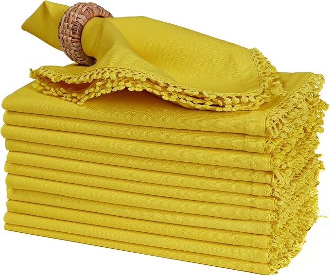 Bedding Craft Cotton Cloth Dinner Napkins Set of 12 – 18x18 Yellow with Decorative Lace Selvedge – Durable Machine Washable Fabric Napkins for Weddings, Baby Showers, Parties & Dining