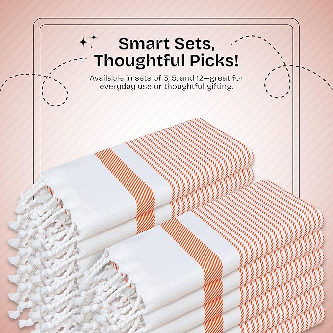Orange Turkish Kitchen Towels 16x26 Inch, 3 Pack, 100% Cotton, Ultra Absorbent, Soft, Fast Dry, Machine Washable, Dish Towel with Tassels for Drying Dishes, Cleaning, Everyday Use