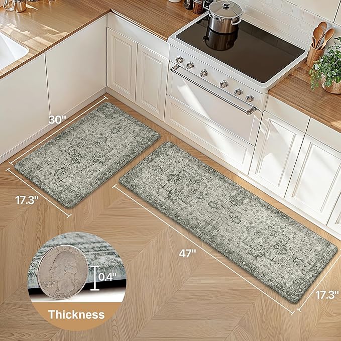 GENIMO Kitchen Mats for Floor 2PCs, Washable Anti Fatigue Mat for Cushioned, 17.3"x47"+17.3"x30", Waterproof Kitchen Rugs, Non Slip Standing Mat Rug for Home, Runner, Sink, Laundry, Vintage Grey