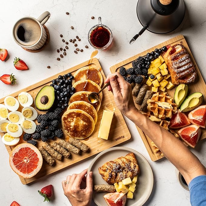 SMIRLY Bamboo Wooden Cutting Boards for Kitchen, Set of 2 Medium - Small, Bamboo Wood Cutting Board Set with Deep Juice Grooves, Non Toxic Serving Tray, House Warming Gifts