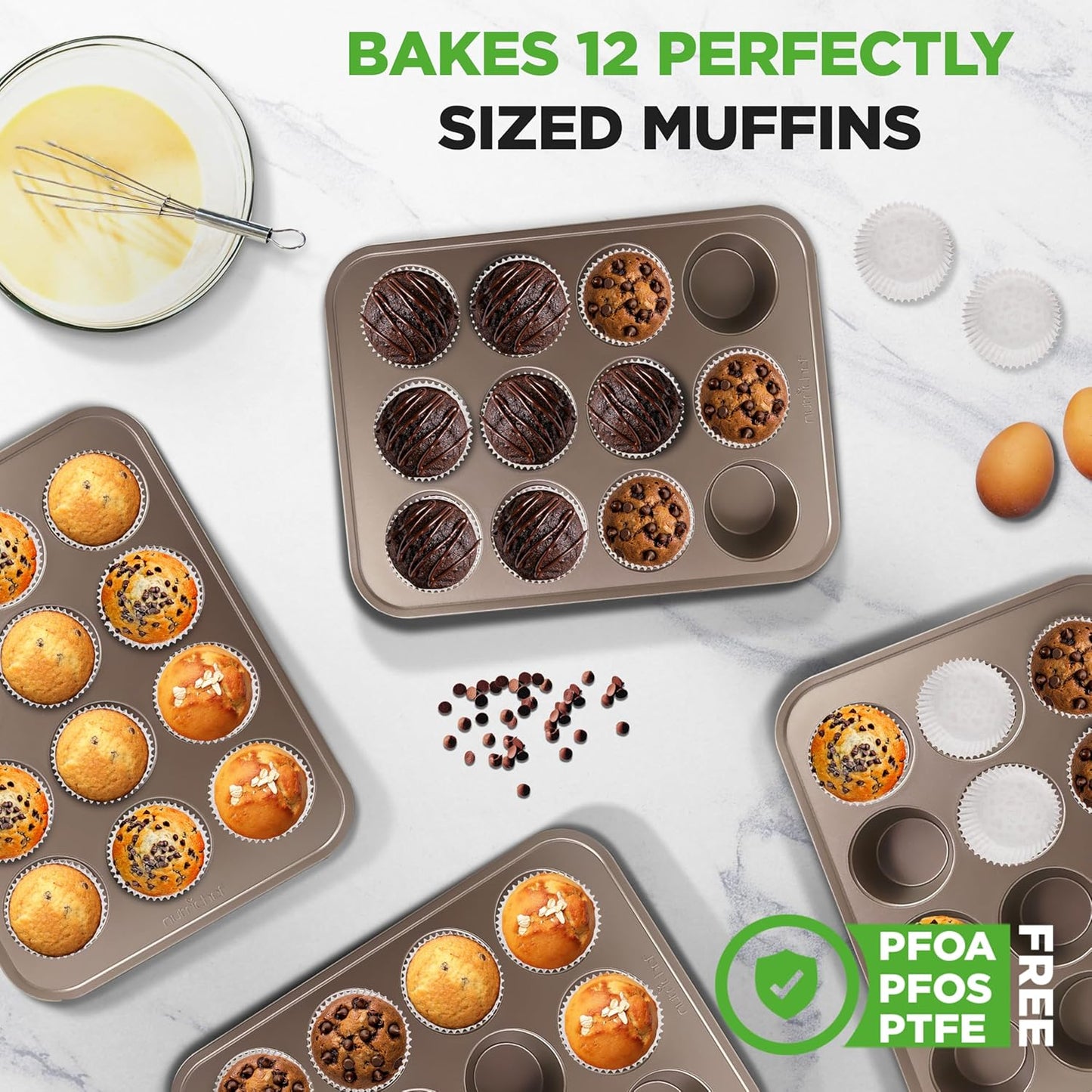 NutriChef Muffin Pans for Baking 4-Pack | Nonstick 12 Mold Cupcake Tins | Carbon Steel Stackable Cup Cake Trays | Dishwasher & Oven Safe | Includes 200 Parchment Paper Liners | 13 x 10 x 1 | Gold