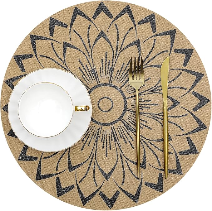 SHACOS 15 inch Round Vinly Placemats Set of 6 Boho Flower Print Place Mats Wipeable Non Slip Stain Heat Resistant Woven Table Mats Indoor Outdoor (6, Round Flower Black)