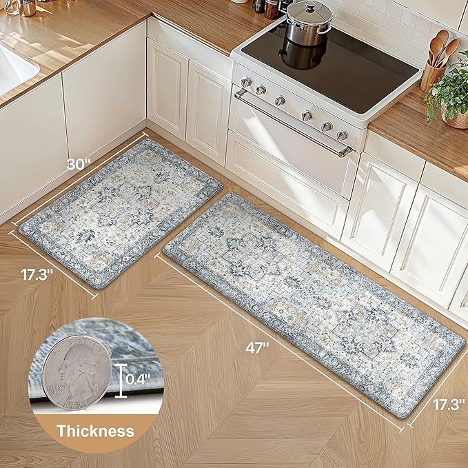 GENIMO Kitchen Mats for Floor 2PCs, Washable Anti Fatigue Mat for Cushioned, 17.3"x47"+17.3"x30", 0.4 inch, Waterproof Kitchen Rug, Non Slip Standing Mat for Home, Runner, Office, Laundry, Light Blue