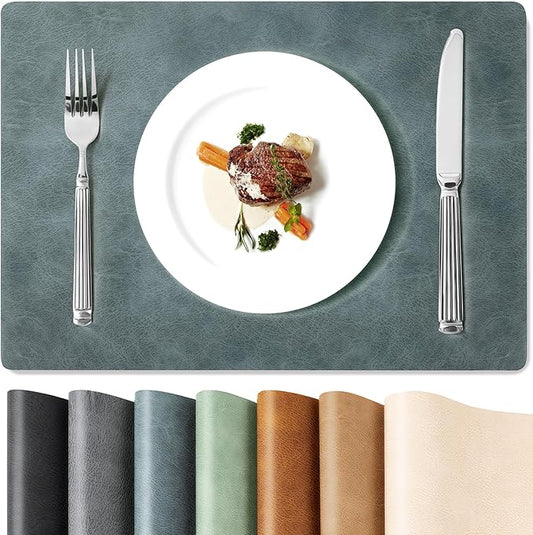 Roxifina Faux Leather Placemats Set of 8 - Vinyl Placemats Wipeable Waterproof Oil-Proof PU Place Mats Heat Resistant Reversible Table Mats for Dining, Kitchen, Outdoor, 12 x 17 Inch (Blue-Gray)