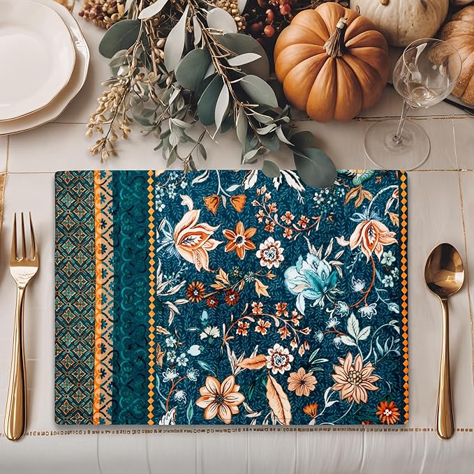 Maison d' Hermine Placemats Set of 4 100% Cotton Washable Cloth Place Mats, Reusable Table Mats for Thanksgiving Christmas Decorations Kitchen Dining Party Wedding (Luxury Loft - Dark Teal, 13" x 19")