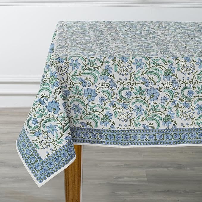 Ridhi Columbia Blue Hand Block Print Cotton Rectangle Tablecloth 190 x 72 inches Reusable Table Cover Decorative Everyday Use for Dining Room, Farmhouse, Home, Party, Festive & Wedding, Fall