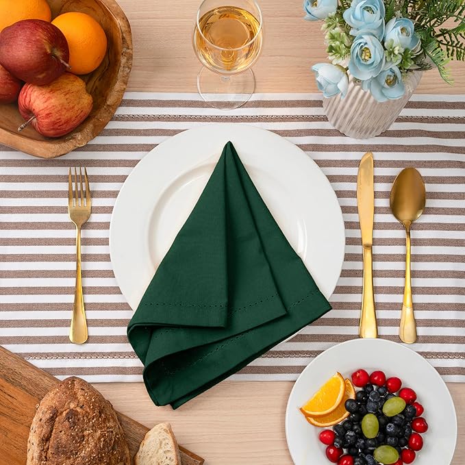 Blue Needles Set of 6 Hemstitch Linen Napkins 100% Cotton Forest Green Cloth Dinner Napkins 18x18 inches, Soft, Reusable, Absorbent, Washable, Ideal for Fall Thanksgiving Events Parties & Everyday Use