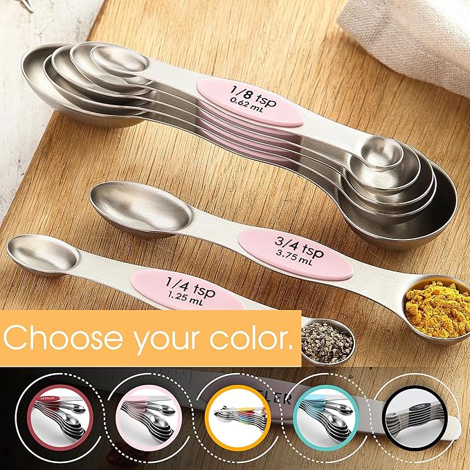 Spring Chef Stainless Steel Magnetic Measuring Spoons Set of 8 with Leveler, Dual Sided Teaspoon & Tablespoon Measuring Spoons with Strong Magnets, Kitchen Gadgets for Baking & Cooking - Pink Lemonade