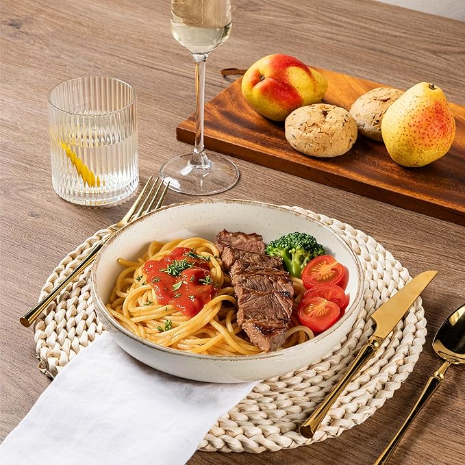 AmorArc Ceramic Dinnerware Sets with Pasta Bowls for 4, Handpainted Plates and Bowls Set with Rustic Terracotta Underside, Scratch Resistant Dishes Set, Dishwasher & Microwave Safe, 16 Pcs