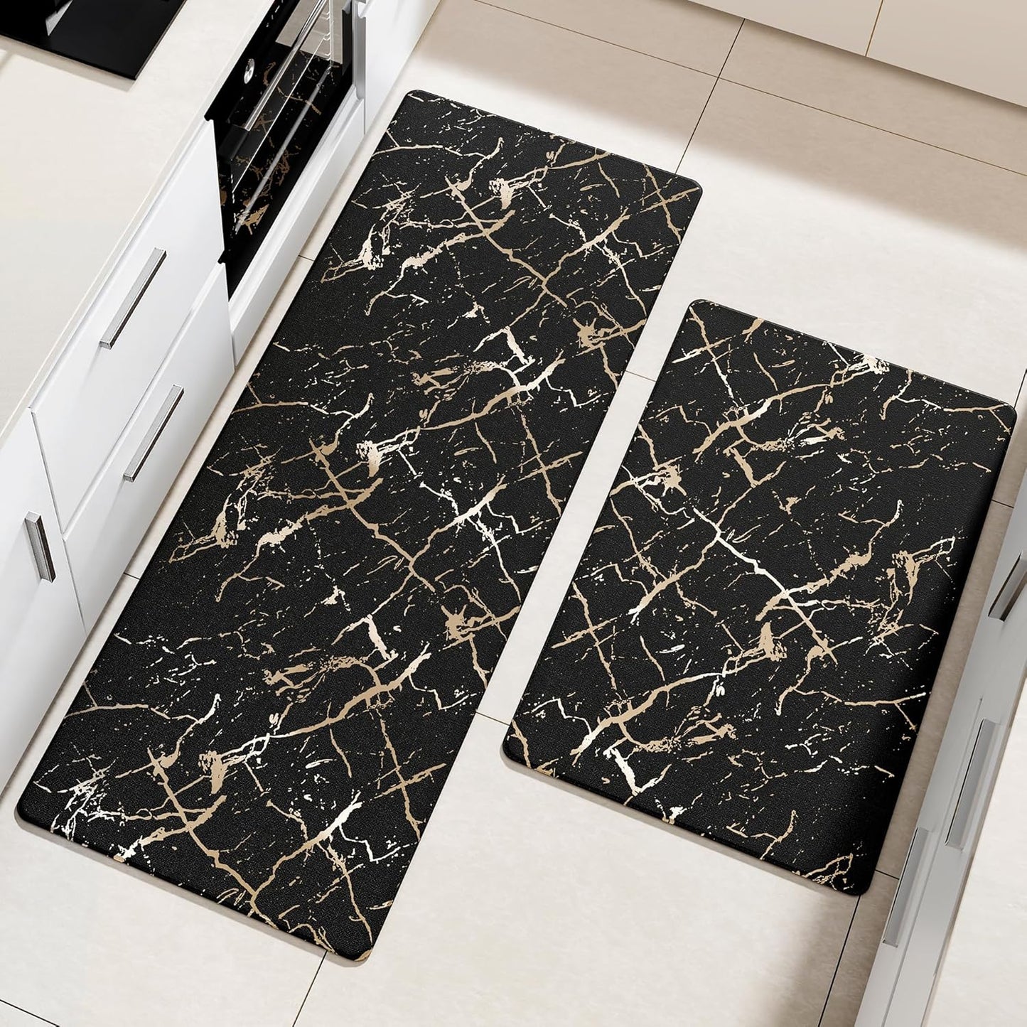 Gold Foil Stamped Marble Kitchen Mats for Floor 2PCS Cushioned Anti Fatigue Non Slip Waterproof Comfort Leather Kitchen Rugs 2/5 Inch PVC Kitchen Mats for Sink, Laundry, 17.3"x28"+17.3"x59", Black
