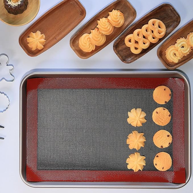 Perforated Silicone Baking Mat for Jelly Roll Pan, Non-Stick Eclair Baking Mat for 10 x 15-inch Tray Pan, 2 Pcs Mesh Cookie Sheet Liner for Homemade Bread, Sugar Cookie and Pastry