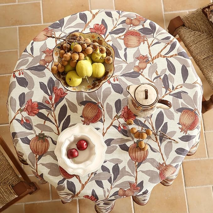 patdrea Designer Brown Tablecloth for Round Tables,Framhouse Linen Pomegranates and Leaves Tree Linen Tablecloth,Fall Fruits Table Cover Cloth Decor for Kitchen Dining Christmas,Diameter 55"
