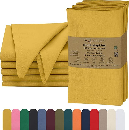 Ruvanti Cloth Napkins Set of 6, 18x18 Inches, 100% Cotton, Washable, Soft & Absorbent, Perfect for Wedding, Christmas, ‎Thanksgiving Dinners - Spicy Mustard