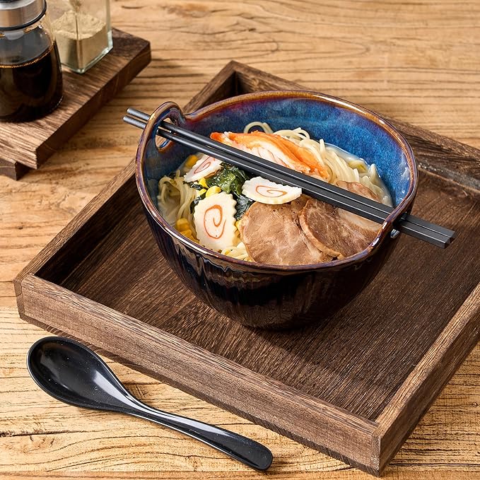 Ramen Bowl with Chopsticks and Spoons Set, 7 Inch Ceramic Noodle Bowl Set of 2, Dishwasher Safe for Pho Udon Soba Noodle Salad Pasta, Special Reactive Glazed Dark Blue Bowls Set