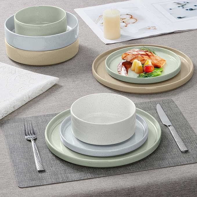 Herogo Dinnerware Dishes Sets with Pasta Bowls, 16 Piece Stoneware Plates and Bowls for 4, Ceramic Dinner Ware for Kitchen, Dishwasher & Microwave Safe, Speckled Multicolor