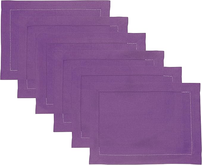 Solino Home Linen Cloth Placemats Set of 6-100% Pure Linen Hemstitch Purple Placemats 14 x 19 Inch - Classic Hemstitch Table Place Mats for Fall, Autumn, Thanksgiving, Christmas