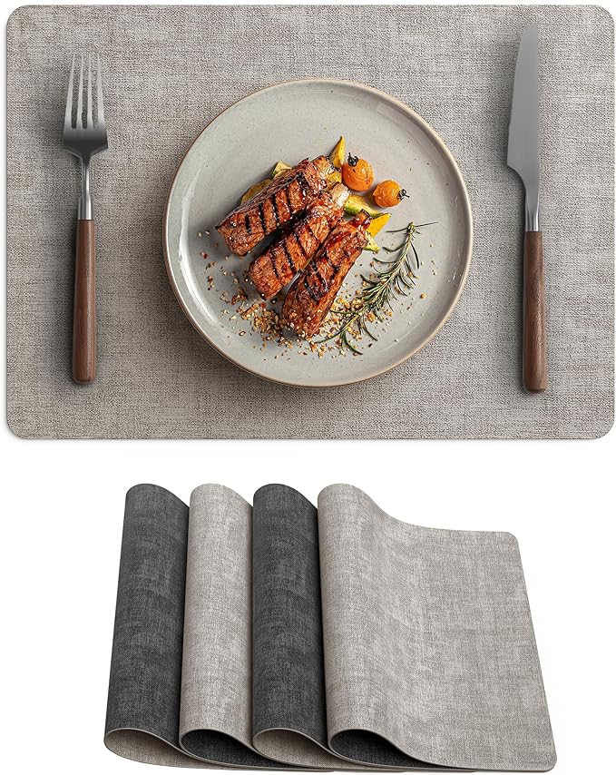 Faux Leather Vinyl Placemats Set of 4 Wipeable Heat Resistant Place Mats 100% Washable - Waterproof - Anti Slip Reversible Table Mats for Kitchen/Dining/Party/Outdoor, 12" x 16.5", Light Grey & Black