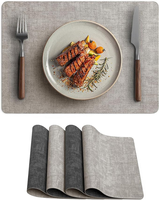 Faux Leather Vinyl Placemats Set of 4 Wipeable Heat Resistant Place Mats 100% Washable - Waterproof - Anti Slip Reversible Table Mats for Kitchen/Dining/Party/Outdoor, 12" x 16.5", Light Grey & Black