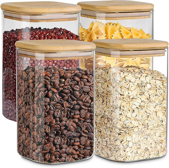 Glass Storage Containers with Airtight Bamboo Lids Set of 4,Pantry Food Storage Container,Perfect for Kitchen Organization-Flour, Rice, Pasta, Sugar, Coffee Beans, Accessories Included (4 packs(50oz))