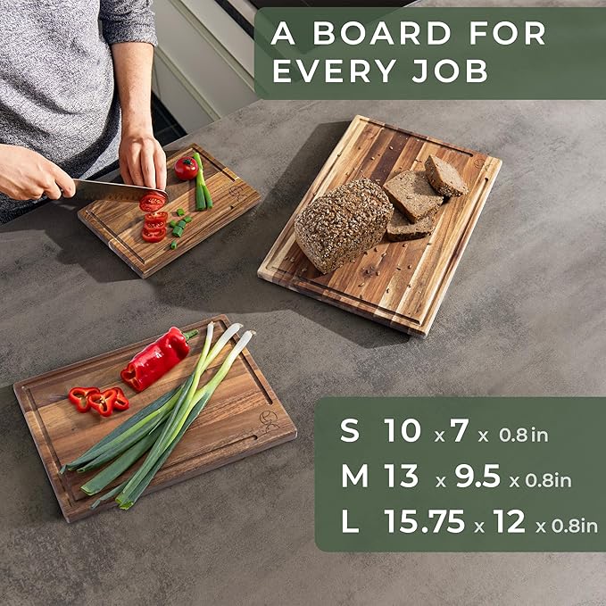 WALDWERK Cutting Board Set (15.75 x 12/13 x 9.5/10 x 7 in) out of Solid Acacia Wood - 0,8 in Thick Cutting Boards for Kitchen - Wood Cutting Boards - Wooden Chopping Boards for Kitchen