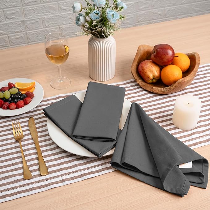 Blue Needles Solid Cloth Napkins Set of 12 Grey 100% Cotton Dinner Napkins 18x18 inches - Soft, Reusable, Absorbent & Washable Fall Thanksgiving Linen, Ideal for Events, Parties & Everyday Use