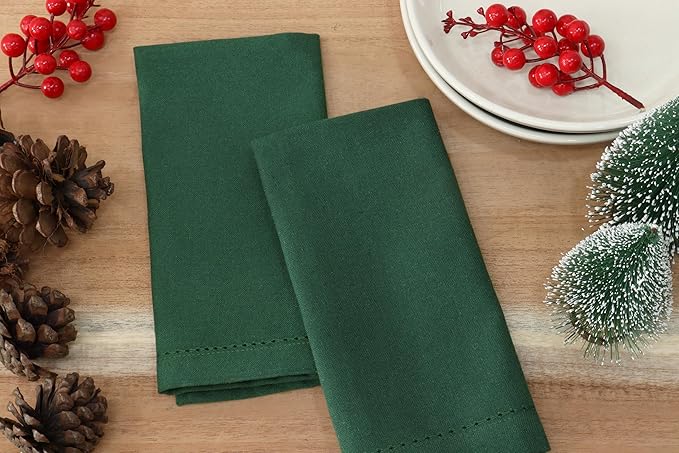 PurpleEssences Set of 12 Hemstitch Cloth Dinner Napkins 100% Cotton - Soft Durable Washable - Ideal for Wedding Fall Thanksgiving - Perfect Everyday Use Table Linen 18x18 - Forest Green