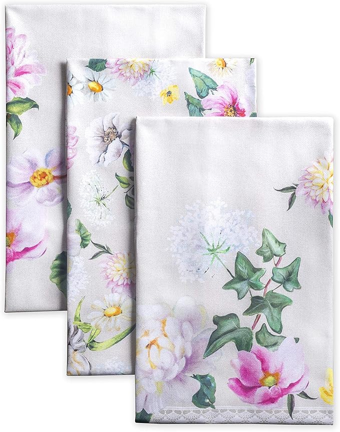 Maison d' Hermine Kitchen Towels Set of 3 100% Cotton 27.50" x 20" Reusable Cloth Tea Dish Towels Absorbent with Hanging Loop for Kitchen, Home, Dining, Cocktail Parties Spring/Summer (Pivoine)