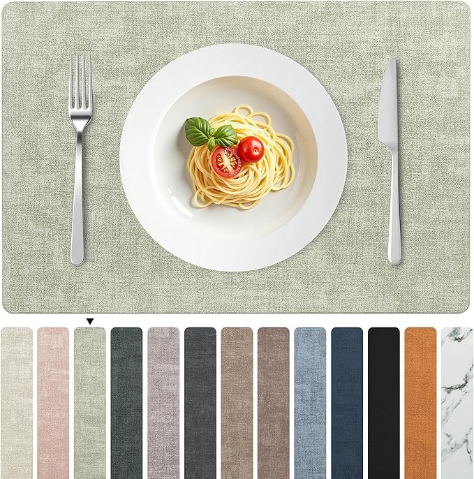 FROMHEART Faux Leather Placemats Set of 6–Waterproof,Heat/Oil Stain-Resistant PU Table Mat–Reversible,Non-Slip,Easy to Clean Place Mats for Kitchen,Dining,Indoor/Outdoor,(Light Green,11.8" x 17")