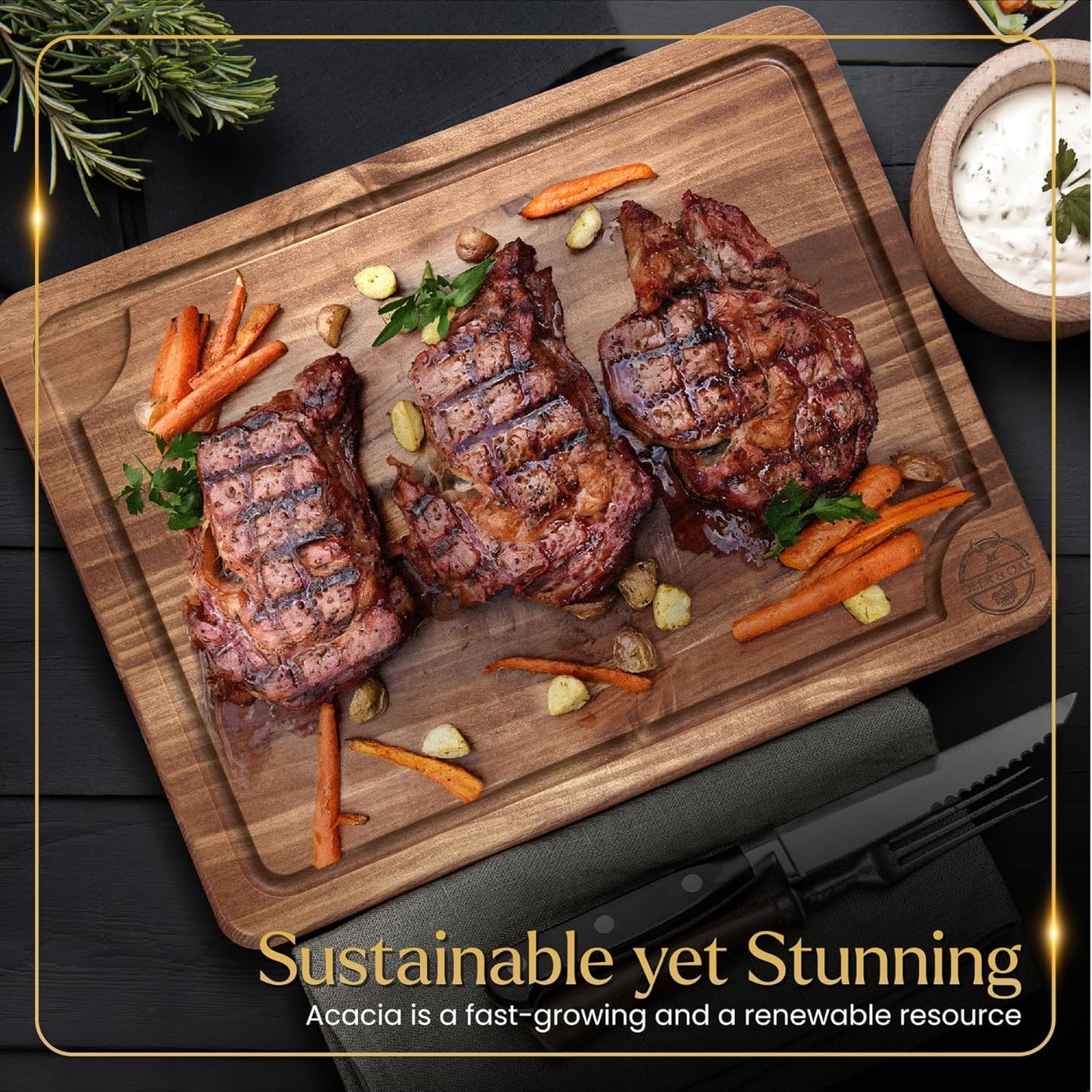 Pre-Oiled, Non Toxic 3-Piece Acacia Cutting Board Set with Stand, FSC Certified Wooden Chopping Boards with Juice Grooves for Meat. 3 Size Wood Carving Boards for Home & BBQ Kitchens by Deer & Oak