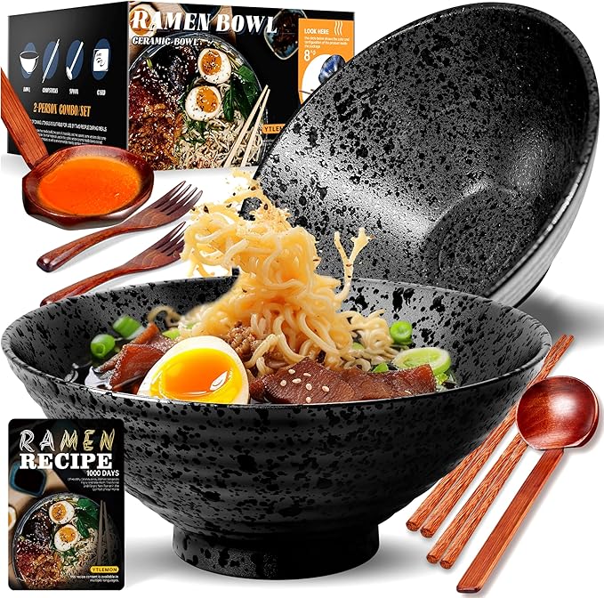 8-Inch Large Ceramic Ramen Bowl Set of 2 (9 Piece) - Microwave & Dishwasher Safe Porcelain Japanese Salad Noodles Cereal Fruit Pasta Soup Bowls with Recipes Chopsticks Forks Spoons for Men Women Gift