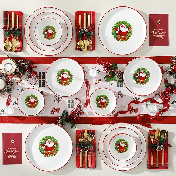 MALACASA Plates and Bowls Sets, 18 Pieces Christmas Porcelain Dinnerware Set for 6, Ceramic Dishware Dishes Kitchen Dinner Dining Ware Set, Microwave and Dishwasher Safe, Series LUNA-Santa Claus