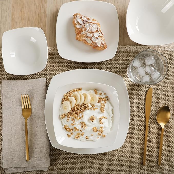 Gibson Home Brentwood 40-Piece Dinnerware Set – Square White Porcelain Plates and Bowls, Service for 8, Dishwasher & Microwave Safe, Modern Everyday Dinner Set with Cereal, Dessert, and Entrée Bowls