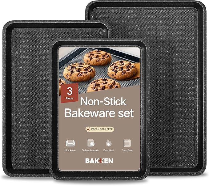 BAKKEN Cookie Sheets for Baking Nonstick Set - 3-Piece Stackable Carbon Steel Baking Sheet Pans Set with Silicone Handles, Non Toxic Cookie Sheets for Baking Bakeware Set - Gray Marble