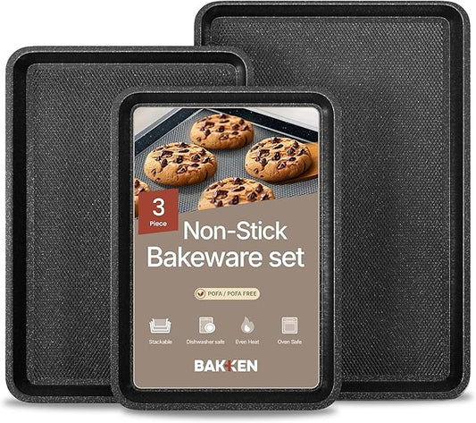 BAKKEN Cookie Sheets for Baking Nonstick Set - 3-Piece Stackable Carbon Steel Baking Sheet Pans Set with Silicone Handles, Non Toxic Cookie Sheets for Baking Bakeware Set - Gray Marble