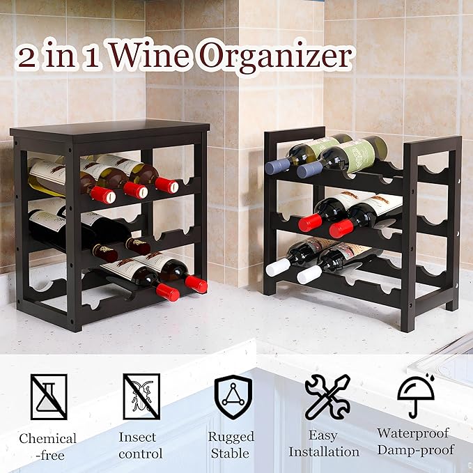 24 Bottle Wine Rack Freestanding Floor, 6 Tier Wine Display Storage Shelves with Tabletop, Bamboo Wine Bottle Holder Stand with Wave Bars for Kitchen Dining Room Pantry, Black