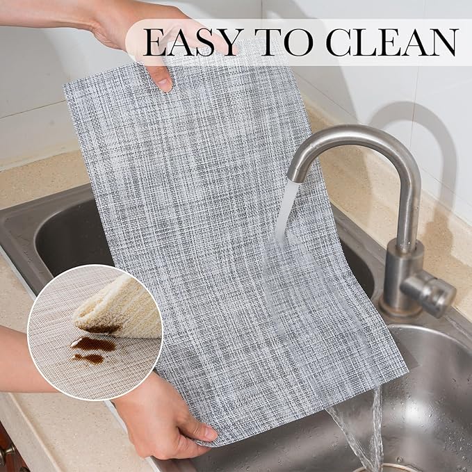 BACKTOEDEN Placemats Set of 12 Heat Resistant Washable Wipeable Placemat Woven Non-Slip Foldable Vinyl/Plastic Place Mats Indoor/Outdoor Mat Kitchen Dining Table Pad, Gray