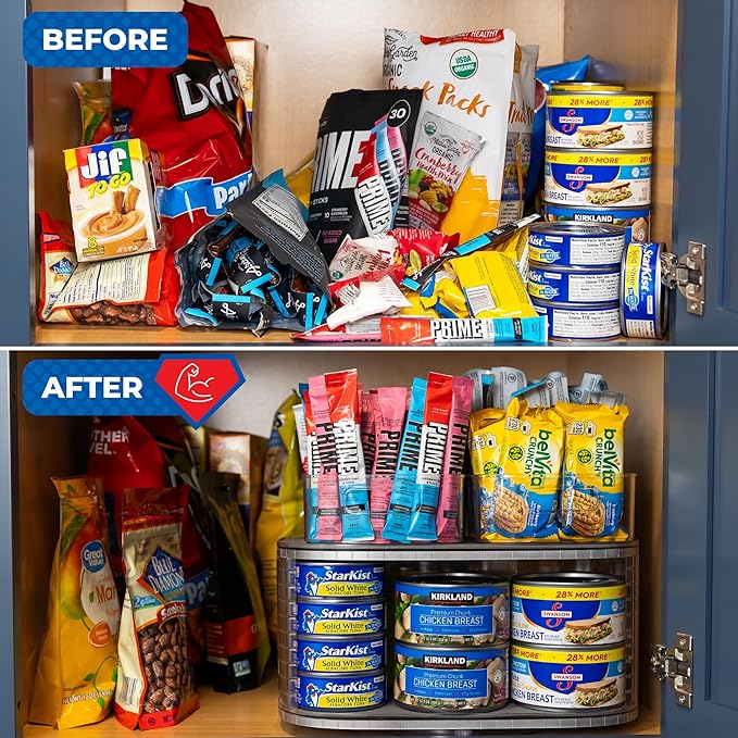 Mighty Susan Kitchen Organizer for Canned Goods: 2-Tiered Robust Turntable Organizer for Cabinet/Pantry. Steel Reinforced Holds Up To 30 lbs. Rotates 360° for Maximum Visibility. Includes 2 Bonus Bins