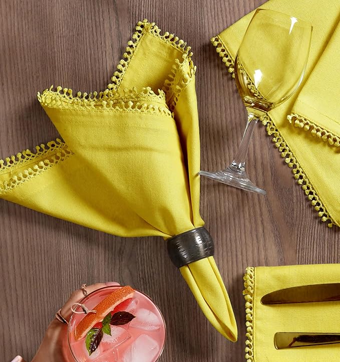 Bedding Craft Cotton Cloth Dinner Napkins Set of 12 – 18x18 Yellow with Decorative Lace Selvedge – Durable Machine Washable Fabric Napkins for Weddings, Baby Showers, Parties & Dining