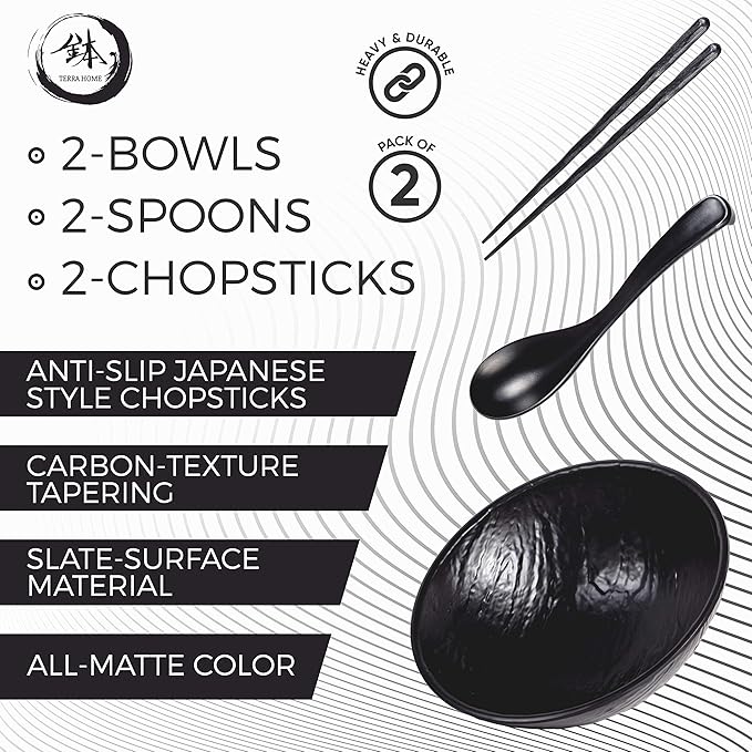 Ramen Bowl and Spoon Set with Chopsticks - Large Pho Bowls and Spoons Set Unbreakable Japanese Melamine Ramen Bowl - 6 Piece Matte Black Asian Ramen Noodle and Soup Bowls - 54 Ounce