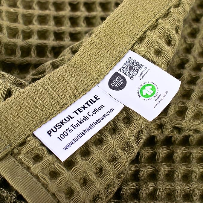 PÜSKÜL Organic Waffle Kitchen Towel 100% Turkish Cotton Set of 3 Khakie Green - Premium Quality, Soft, Quick-Dry, Absorbent, Lint-Free Hand Towels 32X16 Inches (3, Khaki Green)