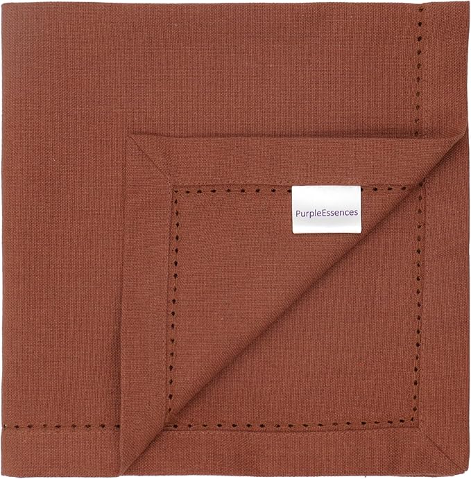 PurpleEssences Rust Set of 6 Hemstitch Cloth Dinner Napkins 100% Cotton - Soft Durable Washable - Ideal for Wedding Christmas Holiday Winter - Perfect Everyday Use Table Linen 18x18 - Rust