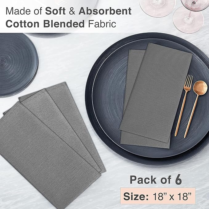 Ruvanti Cloth Napkins Set of 6, 18x18 Inches Napkins Cloth Washable, Soft, Durable, Absorbent, Cotton Blend. Table Dinner Napkins Cloth for Hotel, Lunch, Restaurant, Wedding Parties - Charcoal Grey