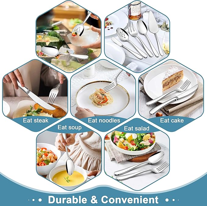 Herogo Heavy Duty Silverware Set with Serving Utensils, 65-Piece Stainless Steel Heavy Weight Modern Flatware Set for 12, Fancy Cutlery for Home Wedding, Dishwasher Safe, Mirror Finished