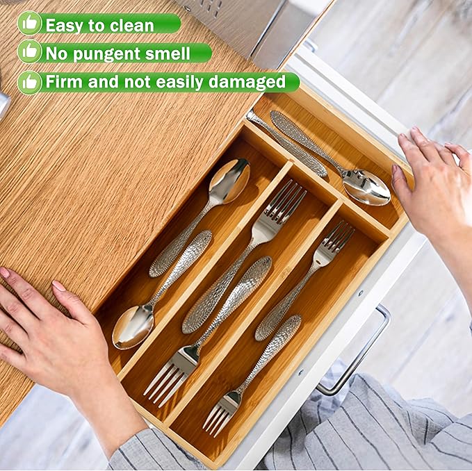 Greenual Silverware Organizer 10 In Utensil Organizer Silverware Tray for Drawer Cutlery Flatware Organizer for Kitchen Bamboo Wood