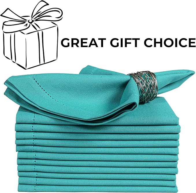 Bedding Craft Cotton Cloth Dinner Napkins Set of 12 – 18x18 Latigo Bay Teal with Hemstitched Mitered Corners – Machine Washable Reusable Napkins for Weddings, Parties & Daily Use