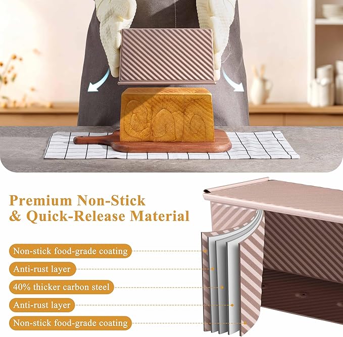 LIANYU Pullman Loaf Pan with Lid, 1 LB Dough Capacity Nonstick Bread Baking Loaf Pan, Carbon Steel Corrugated Bread Toast Box Tin for Homemade Sandwich, Rose Gold